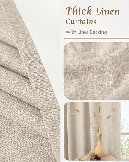 LAMIT 100% Blackout Linen Curtains for Bedoom, 68 Inches Linen Textured Thermal Drapes Back Tab and Rod Pocket Neutral Panels with White Liner for Living Room, 2 Panels, 52 x 68 Inch, Oatmeal