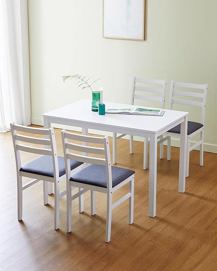 Livinia Seattle 5-Piece Wooden Dining Table Set for 4, Modern Farmhouse Kitchen Dining Room Set with Solid Wood Ladder Back Chairs for Small Space (White)