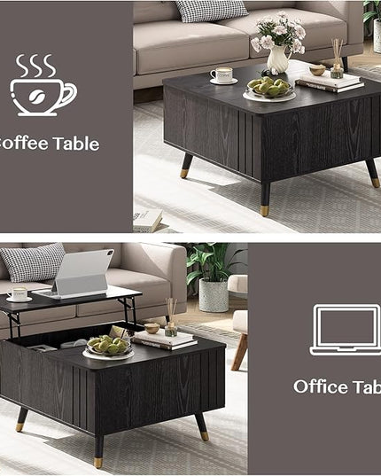 Lift Top Coffee Table with Storage, Mid Century Modern Coffee Table with Solid Wood Legs, 31.5" Square Center Table for Living Room, Home Office, Black