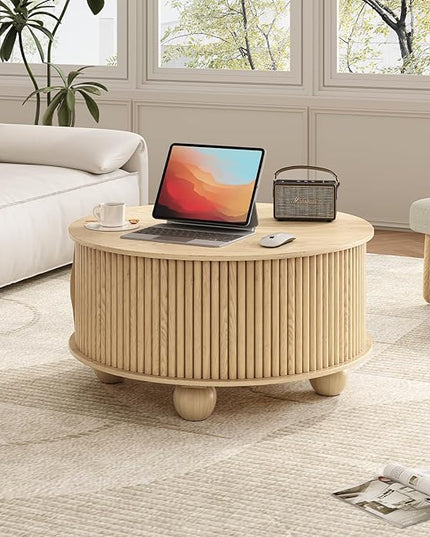 Round Coffee Table with Storage, 31.5" Circle Coffee Table with Sliding Door & Bun Feet, Fluted Center Table for Living Room, Home Small Space, Oak