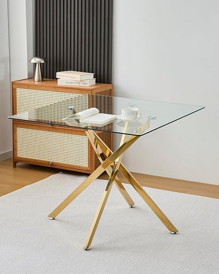 36" Square Glass Dining Table Modern Kitchen Glass Top Table for 4 with Gold Chrome Metal Legs, Clear Dining Table Kitchen Table for Home Office Dining Room