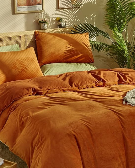 CLOTHKNOW Burnt Orange Velvet California King Comforter Sets Fluffy Bedding Comforter Sets Soft Terracotta Comforter with 2 x Pillow Cases
