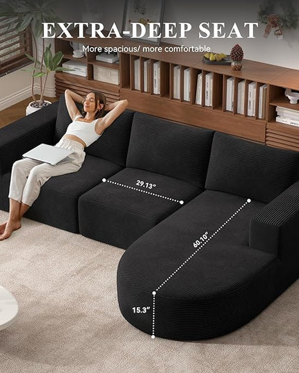 Modular Sectional Sofa with L-Shape Chaise,Cloud Sectional Modern Sleeper Couch with Deep Seat,Sponge Compression Sofas No Assembly Required(Black-Corduroy Fabric) 1PCS