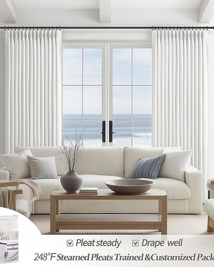 Pinch Pleated Drapes 2 Panel Set Blackout Curtains 90 Inches Long for Kids Room, Petty Faux Linen Memory Trained Pleat Pure White Curtain with Hooks Rings Heat Blocking Nursery Window Burg 40"W x 90"L