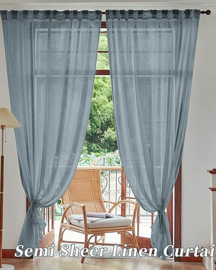DUALIFE Dusty Blue Extra Long Sheer Linen Curtain Panels 108 Inches for Living Room Back Tab Rod Pocket Light Filtering Farmhouse Semi Sheer Linen Curtains for Large Tall Window, 52x108 2 Panels