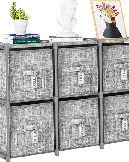 Cube Storage Organizer Shelf with 6 Printed Bins + Labels, Cubby Storage Organizer with Bins, Large Capacity Shelves for Storage,Closet, Living Room, Dorm, Yarn