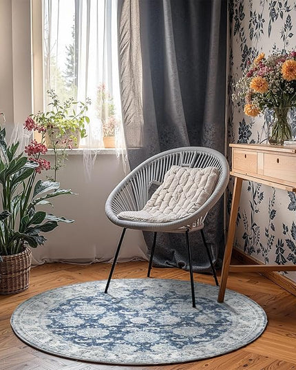 jinchan Fiora Round Rug 4ft Area Rug - Indoor Vintage Hallway Circle 4' Washable - Ultra-Thin Low Pile Soft Small Non Slip Distressed Floral Print for Living Room Bedroom Entryway Dark Blue