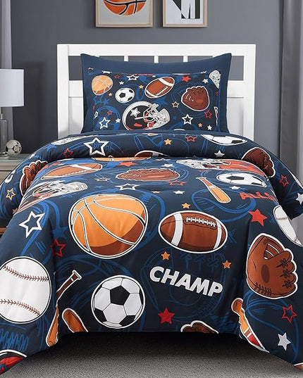 Twin Comforter Set for Boys-5 Pieces Sports Ball Games Glow in The Dark Twin Bedding Sets for Kids, Ultra Soft Bed in A Bag with Sheets