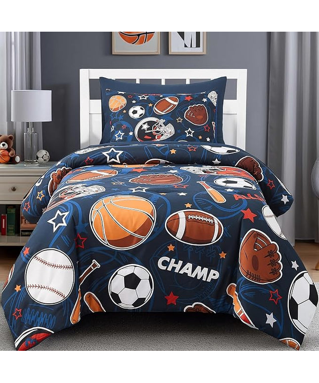 Twin Comforter Set for Boys-5 Pieces Sports Ball Games Glow in The Dark Twin Bedding Sets for Kids, Ultra Soft Bed in A Bag with Sheets