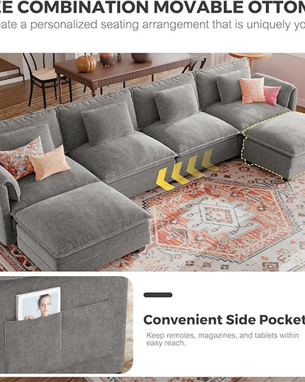 ELUCHANG 116" Luxury Modular Sectional Sofa, Comfy Deep Seat Cloud Couch, Sleeper Sofa Bed, 6 Seat Modern Couch with Removable Cover for Living Room, Apartment, DIY Combination, Chenille Light Grey