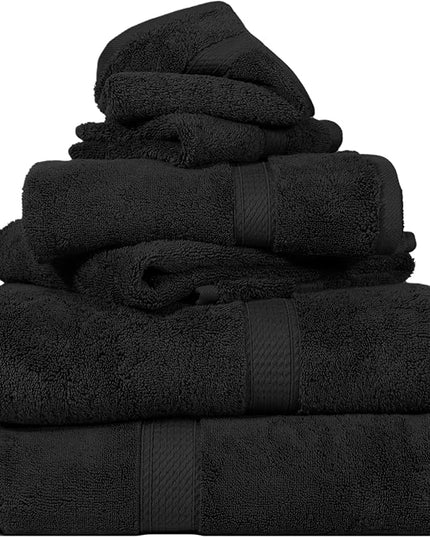 Superior Egyptian Cotton Pile 6 Piece Towel Set, Includes 2 Bath, 2 Hand, 2 Face Towels/Washcloths, Ultra Soft Luxury Towels, Thick Plush Essentials, Guest Bath, Spa, Hotel Bathroom, Black