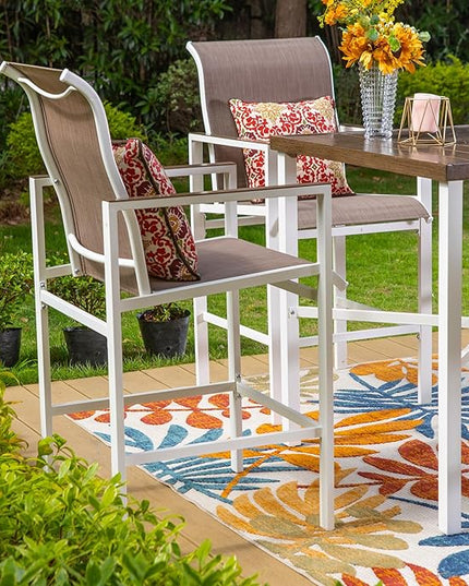 PHI VILLA Outdoor Bar Table, High Patio Table with Umbrella Hole, White Legs, Metal Frame, Sturdy & Durable for Outdoor & Indoor