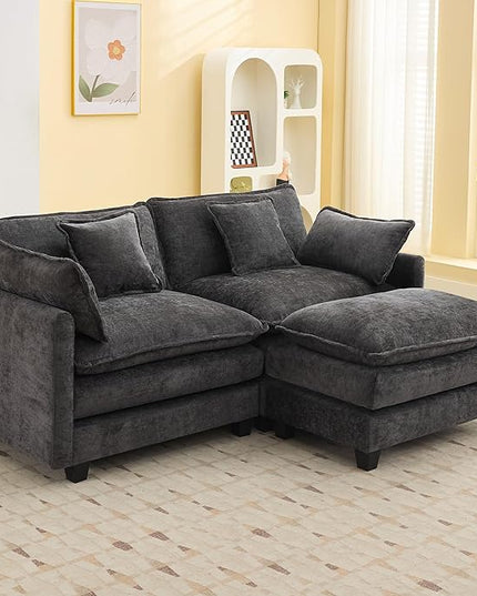 76'' Cloud Deep Seat Loveseat Sofa, Upholstered Chenille Modular 3-Seats Sectional Sofa Couch with Movable Ottoman, Modern Comfy Settee Loveseat for Living Room Set, Small Apartment, Dark Grey