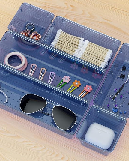 WOWBOX 9 Pack Clear Drawer Organizer Set, Acrylic Drawer Storage Trays, Storage Bins for Makeup, Cosmetics, Jewelries, Utensils, Gadgets, Office, Dark Blue