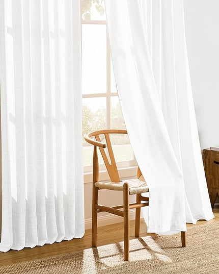White Linen Pinch Pleated Semi Sheer Curtains 2 Panels 45 Inches Long, Back Tab with Hooks, Window Treatment Curtains for Bedroom Cabin 42 Inch Wide