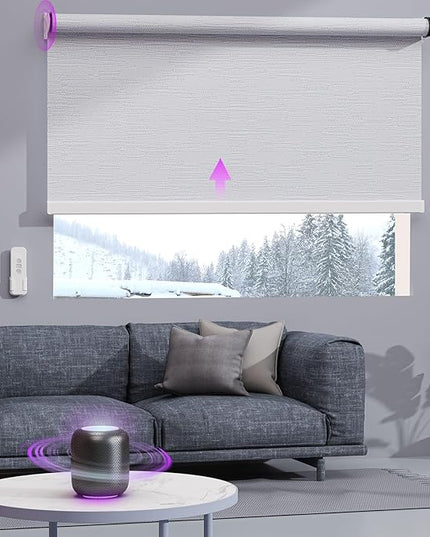 Astomi Motorized Roller Shades for Windows, Blackout Automatic Blinds with Remote, Smart Blinds, Voice Control, Compatible with Alexa, Google, Custom Size (Jacquard PureWhite)