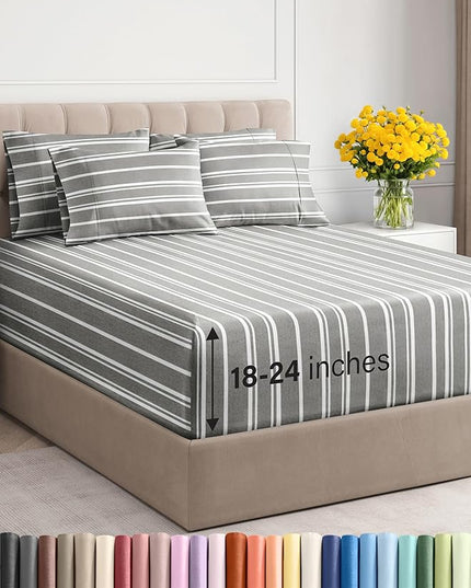 Extra Deep Cal King Sheet Set - 6 Piece Breathable & Cooling Sheets - Hotel Luxury Bed Sheets Set - Easy Fit - Soft, Wrinkle Free & Comfy Sheets Set - Grey Striped Sheet Set with Extra Deep Pockets