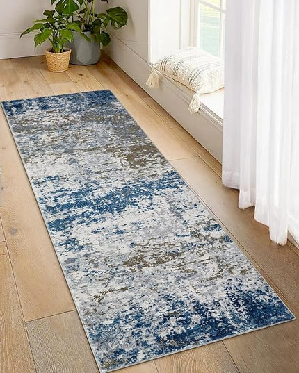 2x6 Modern Abstract Runner Rug Non Slip Soft Machine Washable Stain Resistant Rugs Low Pile Non Shed Rug for Hallway Kitchen Bathroom, Navy