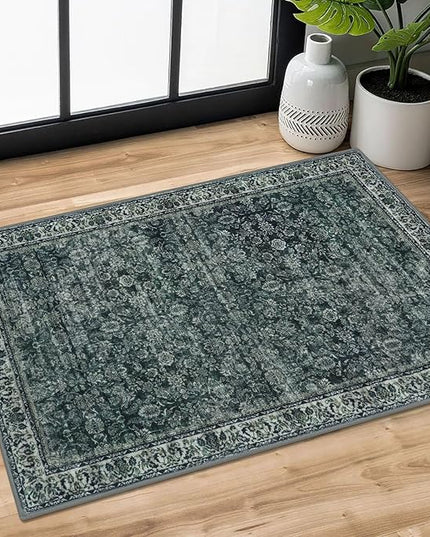 2x3 Washable Rug Soft Area Rug for Entryway, Dark Green Non-Slip Indoor Door Mat Distressed Floral Low-Pile Kitchen Rugs, Neutral Vintage Carpet for Entrance Kitchen Bedside Farmhouse