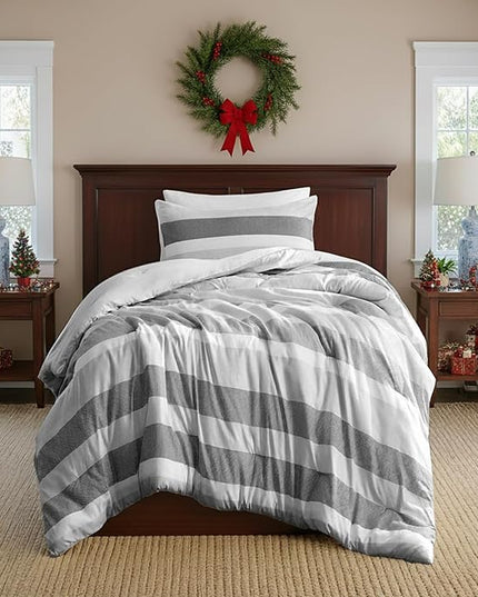 Twin Comforter Set, 2 Pieces Striped Bed Set, Soft Brushed Microfiber Reversible Bedding Set for All Season, Lightweight & Breathable Bedding Set with Comforter & Sham, Black/Grey