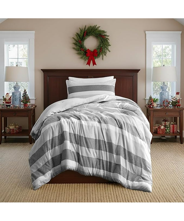 Twin Comforter Set, 2 Pieces Striped Bed Set, Soft Brushed Microfiber Reversible Bedding Set for All Season, Lightweight & Breathable Bedding Set with Comforter & Sham, Black/Grey