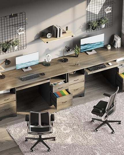 Bestier 59” Computer Desk with 4 Drawers, Office Desk with Storage, Industrial Executive Desk with File Drawer, Keyboard Tray & 2 Pedestals on Both Sides for Home Office & Studio, Grey