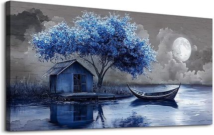 XIGUANGART Tree of Life Large Wall Art for Living Room Blue Boat and House Picture Paintings Abstract Art Prints Modern Nature Scenery Artwork Wall Decor for Bedroom Bathroom Office Home Decoration