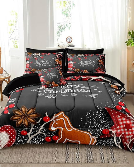 Bedbay Christmas Comforter Set 8 Pcs Queen Comforter Set with Sheets Cute Gingerbread Men Snowflakes Christmas Bedding Set Queen Bed in a Bag New Year Festival Xmas Gifts for Boys Girls