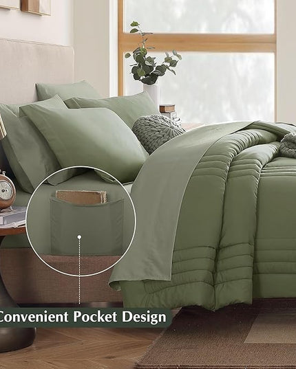Monbix Full Comforter Set - 7 Pieces Light Sage Green Bed in a Bag Full Size Bedding Sets with Comforters, All Seasons Down Alternative Comforter with Sheets,Pillowcases & Shams
