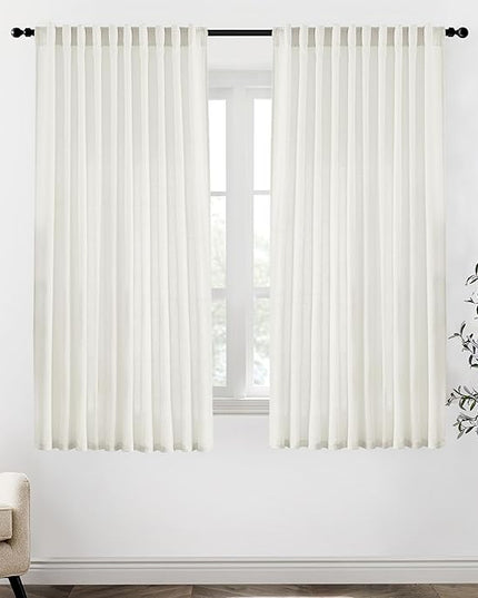 XTMYI 70 x 63 Inch Length Living Room Curtains,Linen Short Wide Bay Window Curtains for Bedroom,Set of 2 Panels,70x63 in Long,Cream Ivory