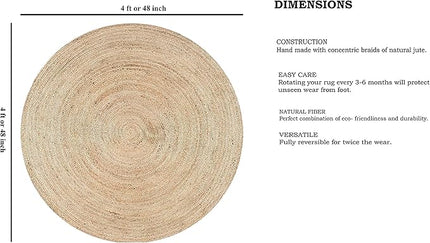 FRELISH DECOR Handwoven Jute Area Rug - 4 feet Round - Natural Yarn - Rustic Vintage Beige Braided Reversible Rug - Eco Friendly Rugs for Bedroom - Kitchen - Living Room - Farmhouse (4' Round)