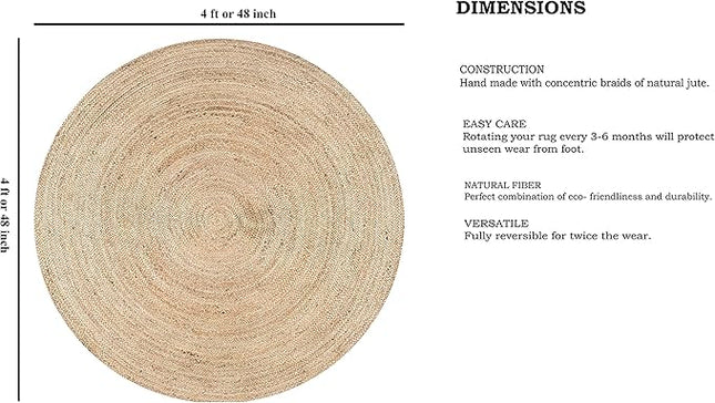 FRELISH DECOR Handwoven Jute Area Rug - 4 feet Round - Natural Yarn - Rustic Vintage Beige Braided Reversible Rug - Eco Friendly Rugs for Bedroom - Kitchen - Living Room - Farmhouse (4' Round)