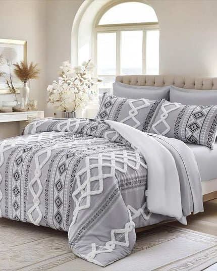 MOVE OVER Gray Tufted Comforter Set Queen Size 5 Pieces Bohemian Style Geometric Tufted Bedding Set Farmhouse Boho Aztec Comforter Set with 2 Decor Pillow Covers for Room Decor