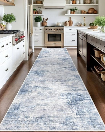 IOHOUZE Abstract Runner Rug 3x14 Ft Washable Runners for Hallways, Non Slip Kitchen Runner Printed Faux Wool Entryway Runner Indoor, Modern Abstract Floor Carpet for Hall Stair, Light Blue White