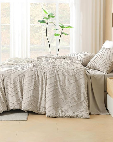 Litanika Oversized Queen Size Comforter Set with Sheets Oatmeal - 7 Pieces Bed in a Bag Oversized King Boho Tufted Complete Bedding Sets with Comforter, Sheets, Pillowcases & Shams