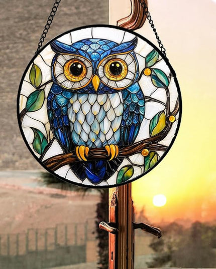 Stained Glass Window Hanging, Owl Gifts for Women Sun Catchers Diamond Glass Panel Hangings Birds Suncatcher Decor for Birthday for Women, Men, Wife, Aunt, and Mom 14.9x14.9 in