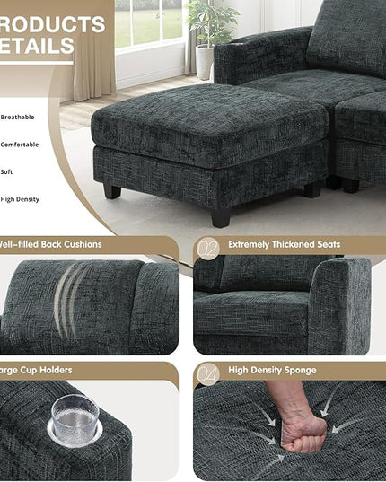 87" Chenille Sectional Sofa with Movable Ottomans, Modular L-Shape Couch with Cup Holders, Convertible 3 Seater Sofa with Well-Filled Backrest Cushions for Living Room, House, Grey