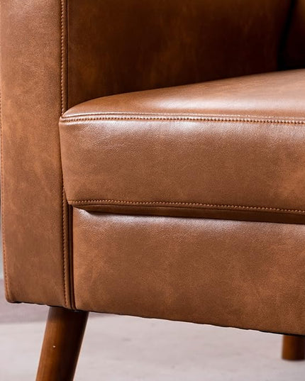 PU Accent Arm Chair with Tufted Back, Faux Leather Comfy Upholstered Single Sofa, Mid Century Modern Side Club Chair with Wood Legs for Reading/Living Room/Bedroom, Caramel