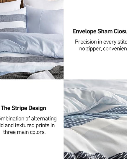 Queen Comforter Set, 3 Pieces Striped Bed Set, Soft Brushed Microfiber Reversible Bedding Set for All Season, Lightweight & Breathable Bedding Set with Comforter & Shams, Navy/Blue