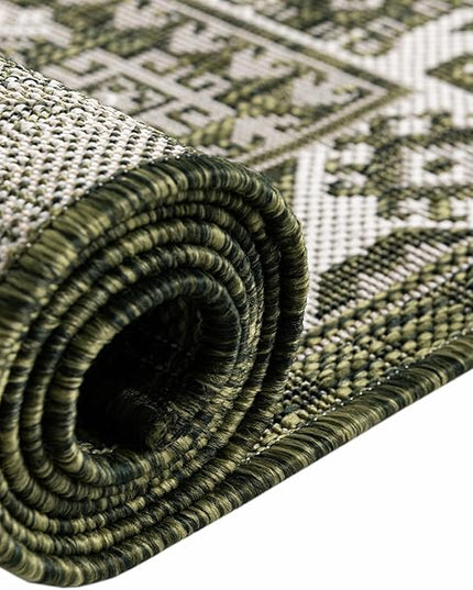 Rugs.com Outdoor Aztec Collection Rug – 13 Ft Square Green Flatweave-Pile Rug Perfect for Living Rooms, Kitchens, Entryways