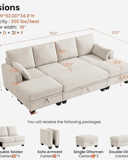 CHIC HOUSE Corduroy Modular Sectional Couch with Ottoman Chaise, L/U Shaped Sleeper Sofa for Living Room, Apartment, Lounge, Modern Armrest Neck Support Furniture (8 Seater Sleeper, Beige)