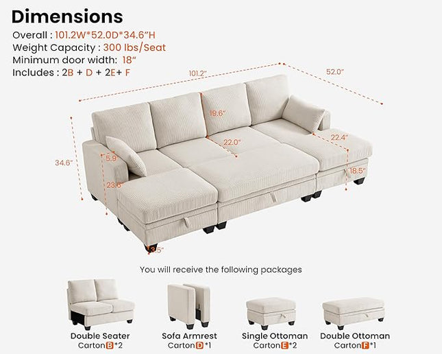 CHIC HOUSE Corduroy Modular Sectional Couch with Ottoman Chaise, L/U Shaped Sleeper Sofa for Living Room, Apartment, Lounge, Modern Armrest Neck Support Furniture (8 Seater Sleeper, Beige)
