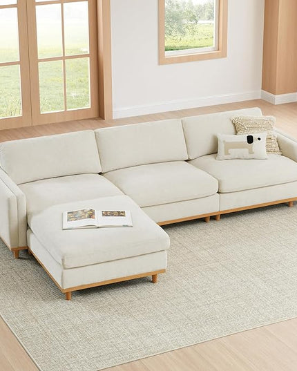CHITA Super Large Luxury L Shape Convertible Sectional Modular Sofa, Down Filled Modern Sofa with Ottoman, Deep Seat Cloud Couch, 118 inch Width, 4 Seat Couch with Solid Wood Leg, Linen