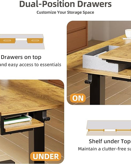 Claiks Electric Standing Desk with 2 Drawers, Adjustable Standing Desks with Storage, Height Adjustable Stand up Desk for Home Office with 2 Hooks,55 Inch Ruist Brown