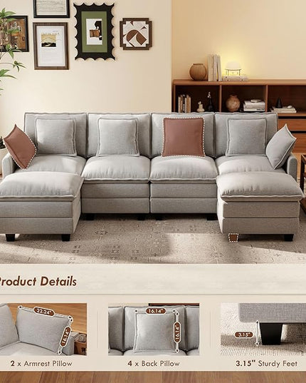 Ihanherry 106" U-Shaped Modern Sofa Modular Sectional Cloud Couch 6-Seat Chenille Seat Sofa with Ottoman for Living Room, Bedroom and Apartment, Grey