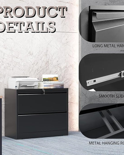 2 Drawer Lateral File Cabinet with Lock, File Cabinet, Metal Lateral Filing Cabinets for Home Office, File Storage Cabinet for Legal/Letter/A4 Documents, Assembly Required (Black, 35'W)