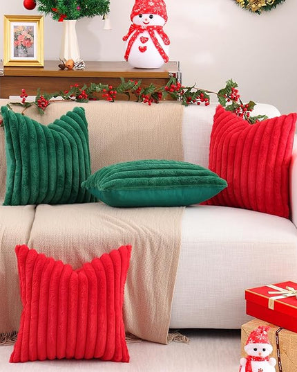Pallene Faux Fur Plush Christmas Throw Pillow Covers 16x16 Set of 2, Luxury Soft Fluffy Striped Decorative Pillow Covers for Sofa, Couch, Living Room, Christmas Green