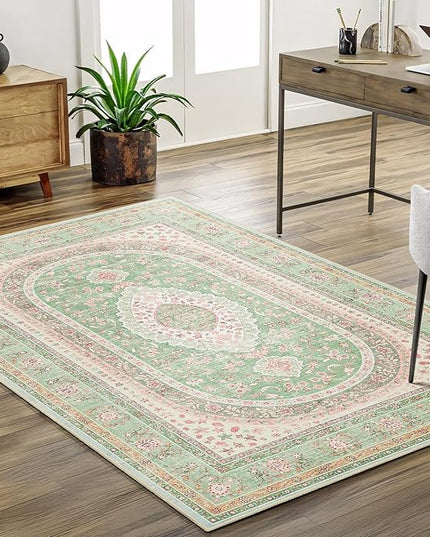 Green Rug 3x5,Washable Area Rugs for Bedroom Living Room Kitchen Entryway,Small Boho Vintage Bohemian Distressed Oriental Non Slip Carpet,Sage Blush Floral