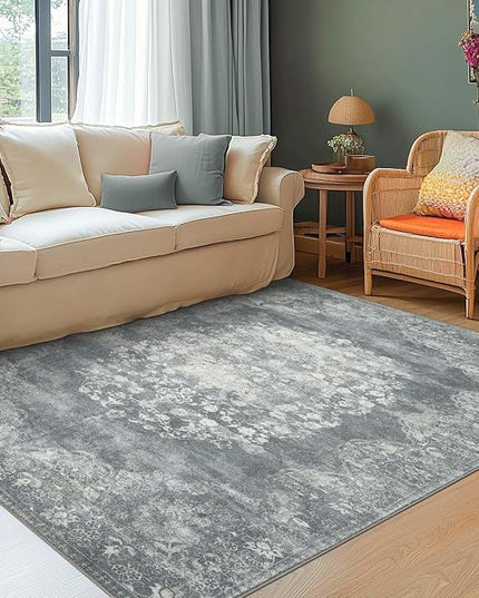jinchan Vintage Floral 5x7 Area Rugs - Machine Washable Distressed Design Soft Ultra-Thin Low-Pile Non-Slip Carpet for Kitchen Bedroom Nursery Living Room Dining Room Home Office (5x7ft, Grey)