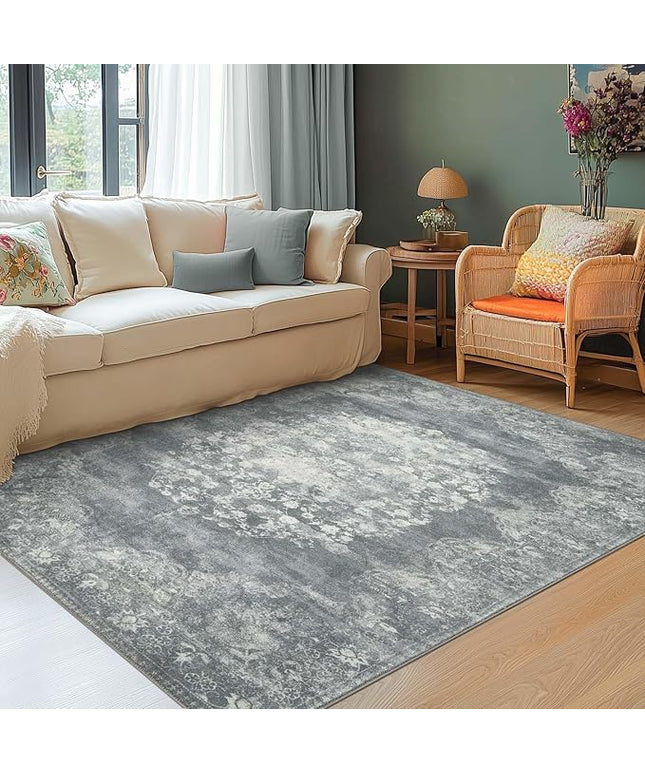 jinchan Vintage Floral 5x7 Area Rugs - Machine Washable Distressed Design Soft Ultra-Thin Low-Pile Non-Slip Carpet for Kitchen Bedroom Nursery Living Room Dining Room Home Office (5x7ft, Grey)